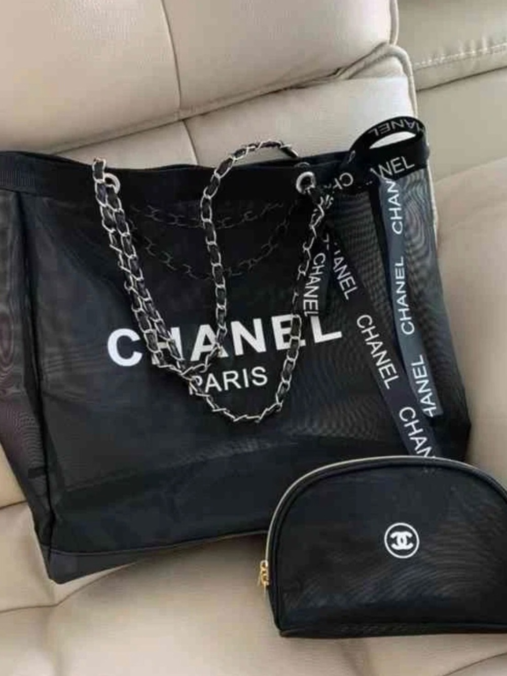 Beauty Black Mesh Tote with Matching Pouch; NWOT
